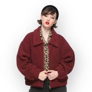 Hot Topic New Women's Oversized Bur Teddy Jacket Size L Maroon Burgundy